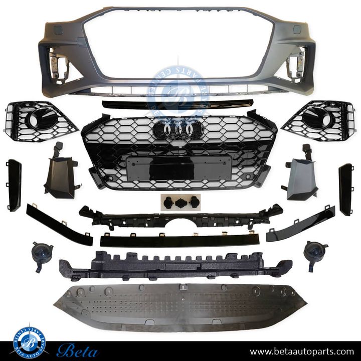Audi A4 (2020-2024), Front Bumper RS4  Look with PDC, Park Assist and Radiator Grille, China, 8W0807065BK