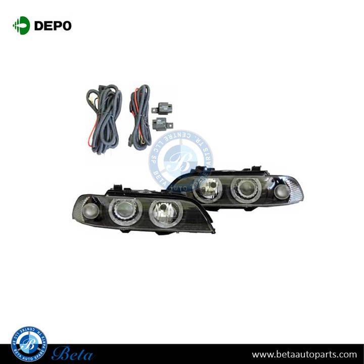 BMW 5 Series E39 (1996-2002), Headlamp with Angel Eyes (Black), Depo